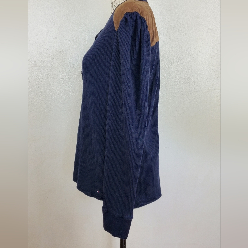 Tommy Hilfiger Henley Top Women’s XL Navy Waffle Knit Long Sleeve Pullover - Picture 2 of 12